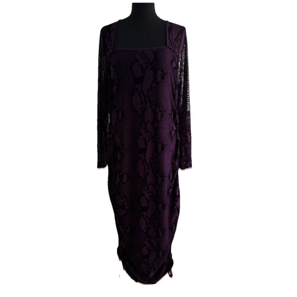 SHEIN Curve Plus 3XL Midi Black Burnout Purple Dress Side Rouge Tie Sheer Sleeve